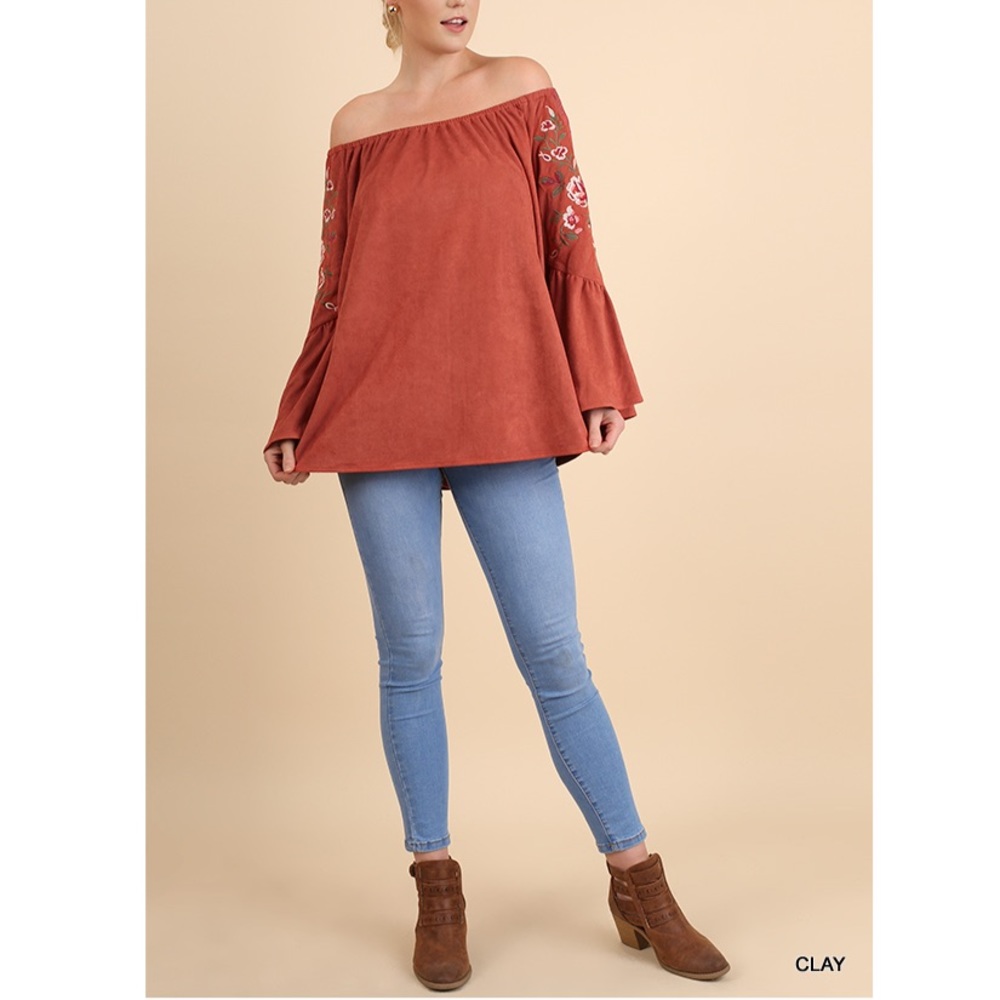 FAUX SUEDE EMBROIDERED OFF SHOULDER TOP